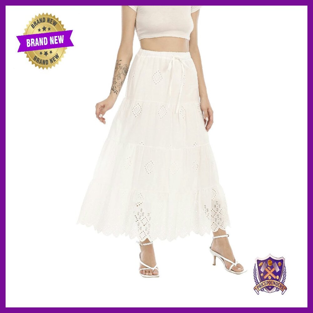 Boho Cotton Embroidered Maxi Skirt Elastic Waist Tiered A-Line Summer